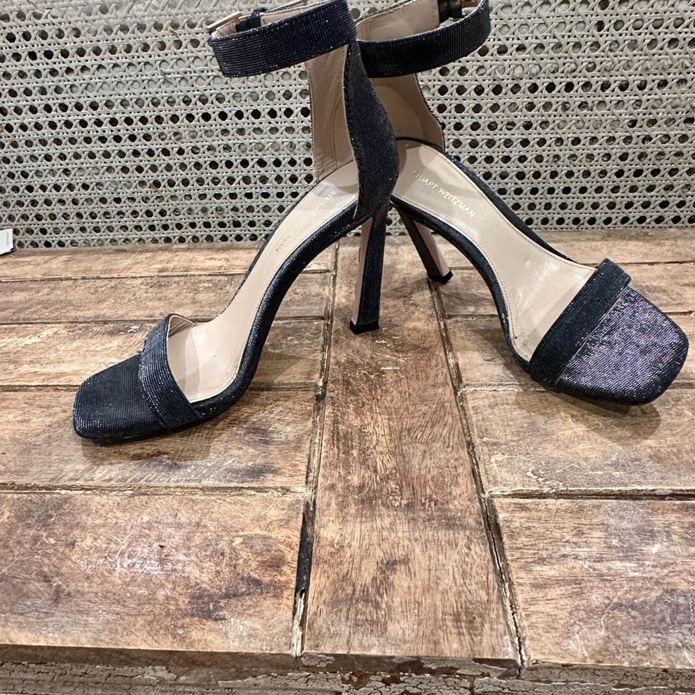 Stuart Weitzman 75 Squarenudist Black Nighttime Metallic Fabric Sandal